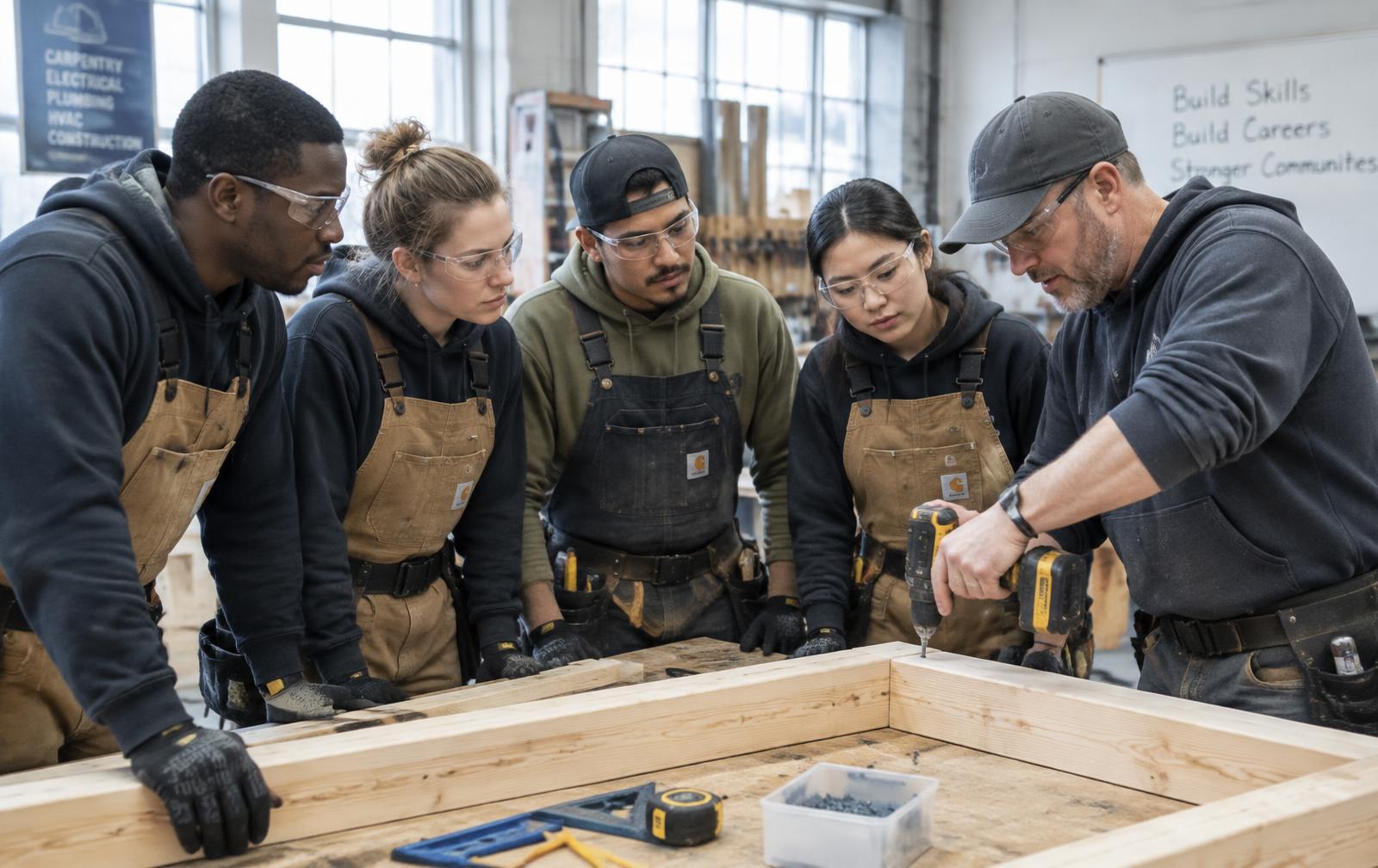Students learning carpentry